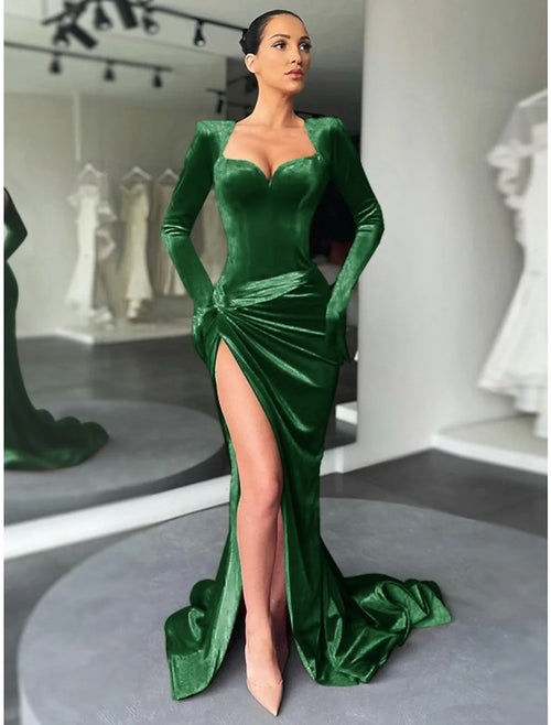 A-Line Sweetheart Velvet Long Sleeve High Slit Evening Gown - Chloe Dress