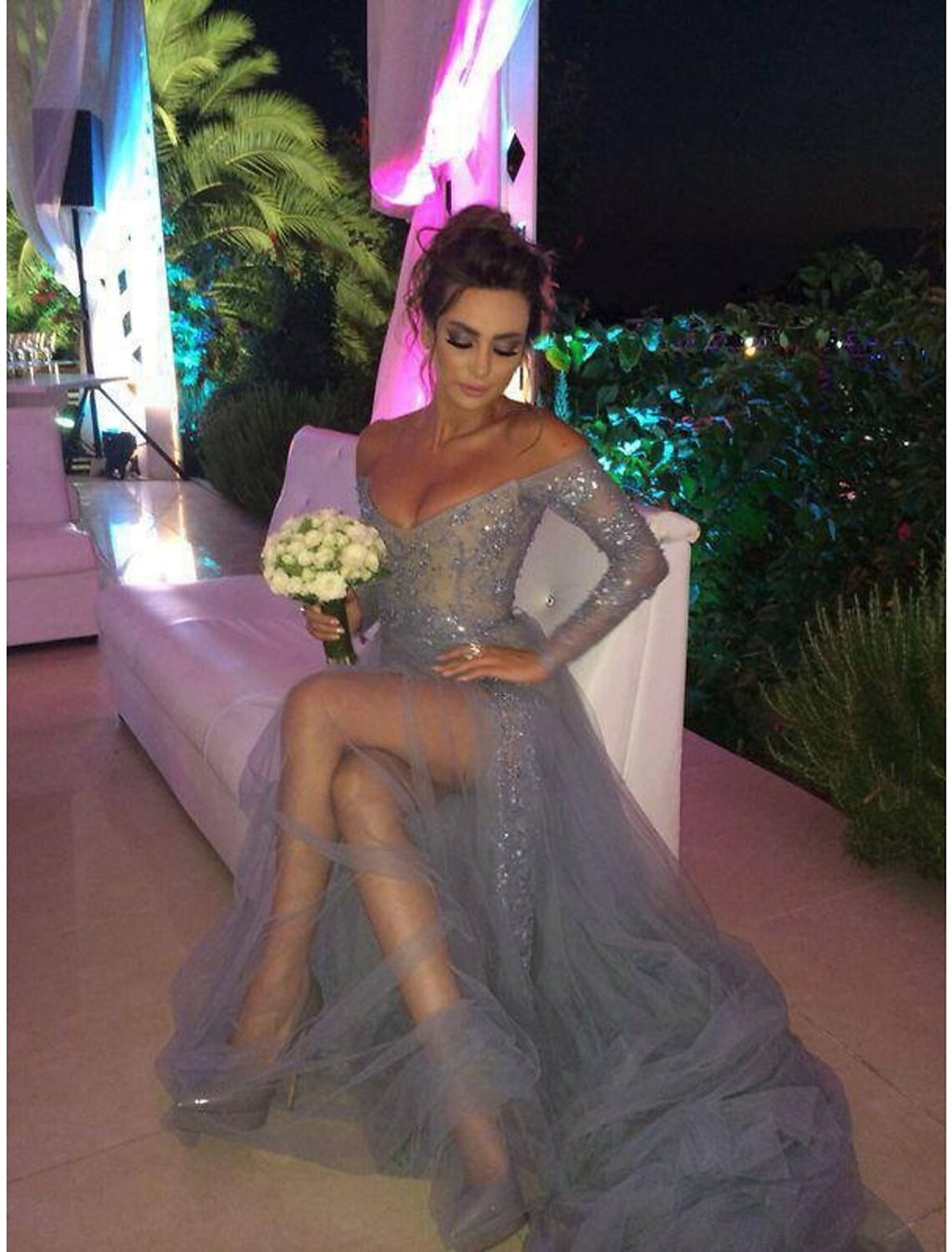 A-Line Off-Shoulder Chiffon Long Sleeve High Slit Evening Dress - Chloe Dress
