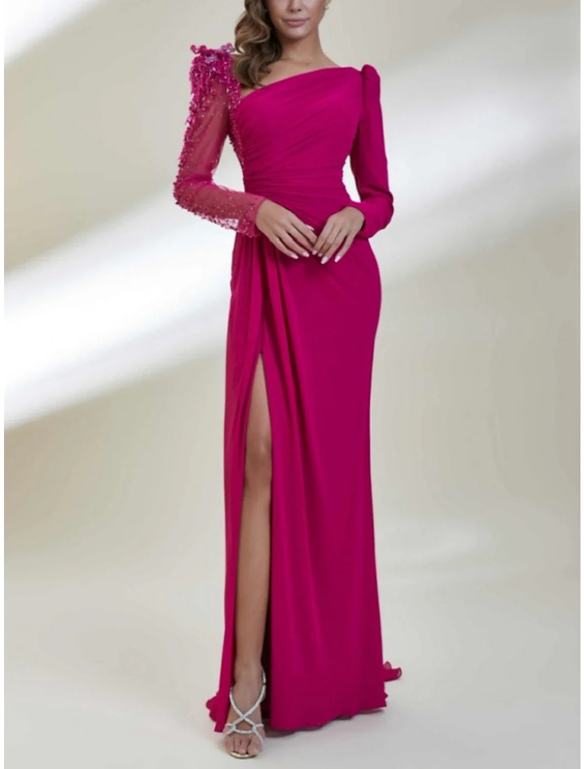 Green Sheath Chiffon Long Sleeve Pleated Evening Gown - Chloe Dress