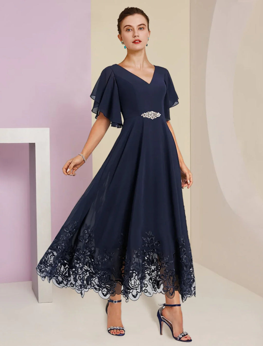 A-Line V-Neck Chiffon Short Sleeve Applique Mini Wedding Dress - Chloe Dress
