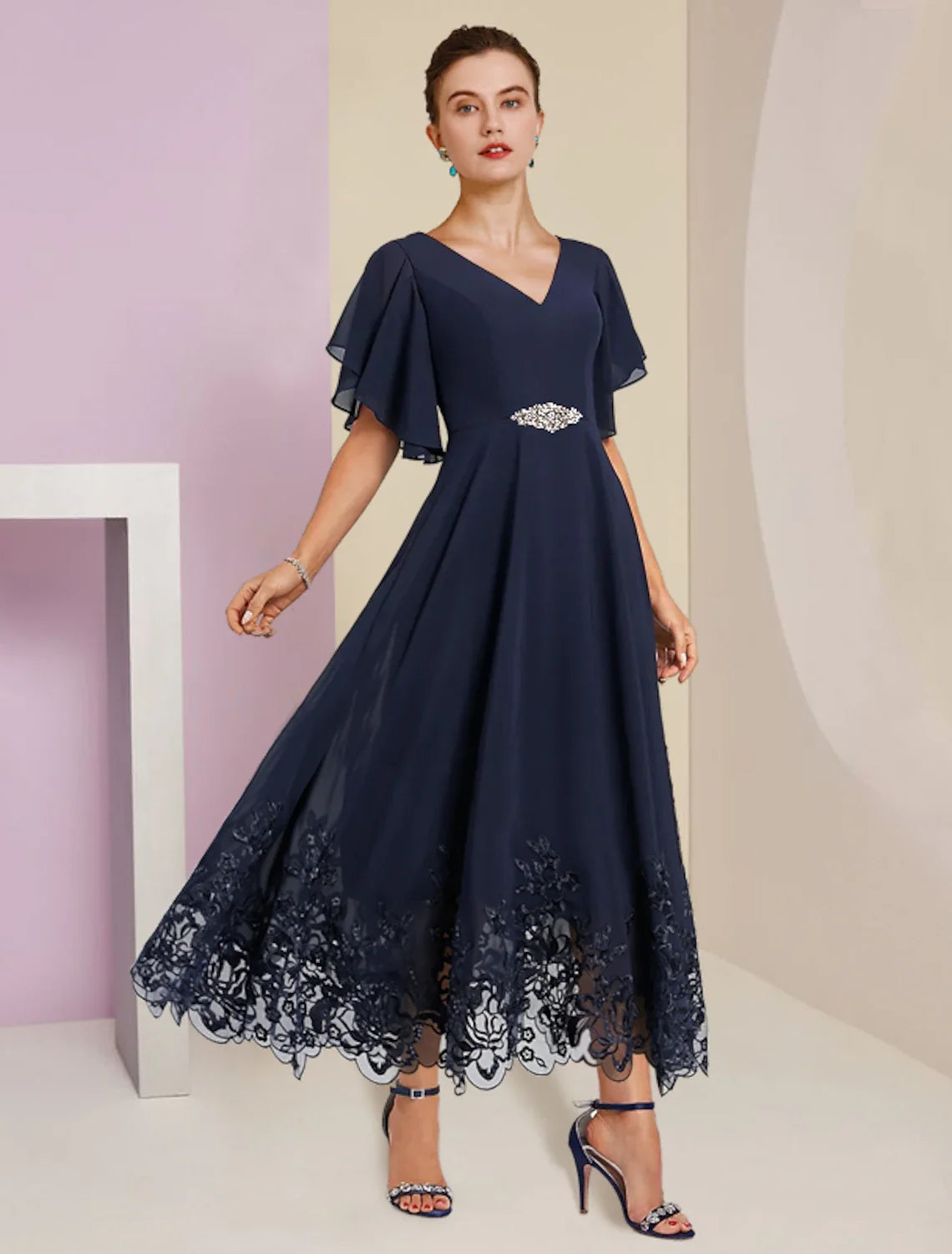 A-Line V-Neck Chiffon Short Sleeve Applique Mini Wedding Dress - Chloe Dress