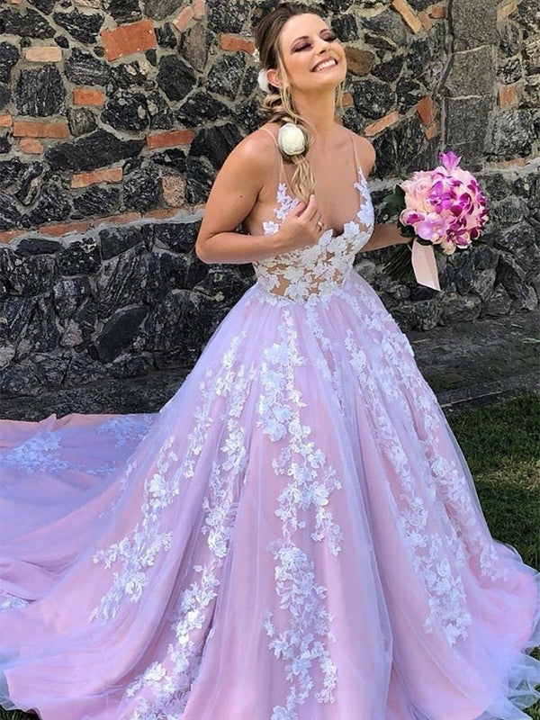 Ball Gown V-Neck Lace Sleeveless Train Gown - Chloe Dress