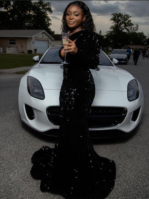 Sheath One-Shoulder Sequin Long Sleeve Train Dress - Chloe Dress