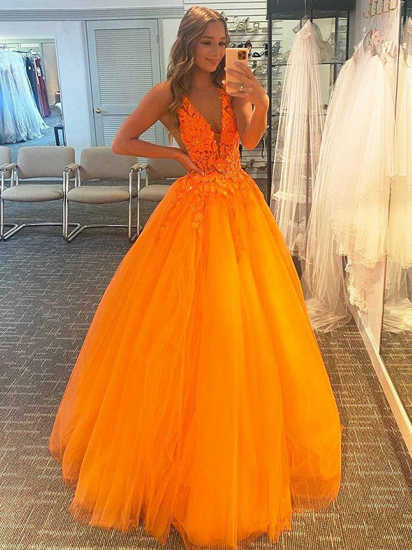 Ball Gown V-Neck Tulle Sleeveless Applique Floor-Length Gown - Chloe Dress