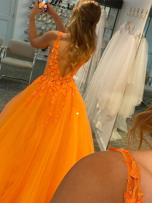 Ball Gown V-Neck Tulle Sleeveless Applique Floor-Length Gown - Chloe Dress