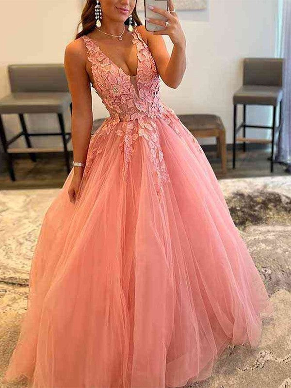 Ball Gown V-Neck Tulle Sleeveless Applique Floor-Length Gown - Chloe Dress