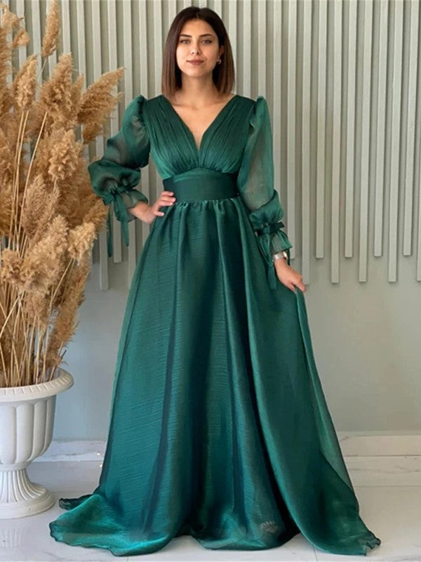 A-Line V-Neck Organza Long Sleeve Train Dress - Chloe Dress