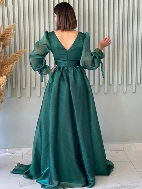 A-Line V-Neck Organza Long Sleeve Train Dress - Chloe Dress