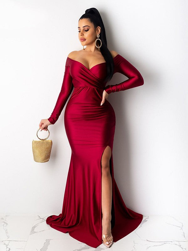 Sheath Jersey Long Sleeve Train Dress - Chloe Dress