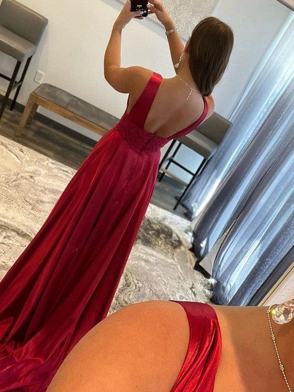 A-Line V-Neck Satin Sleeveless Train Dress - Chloe Dress