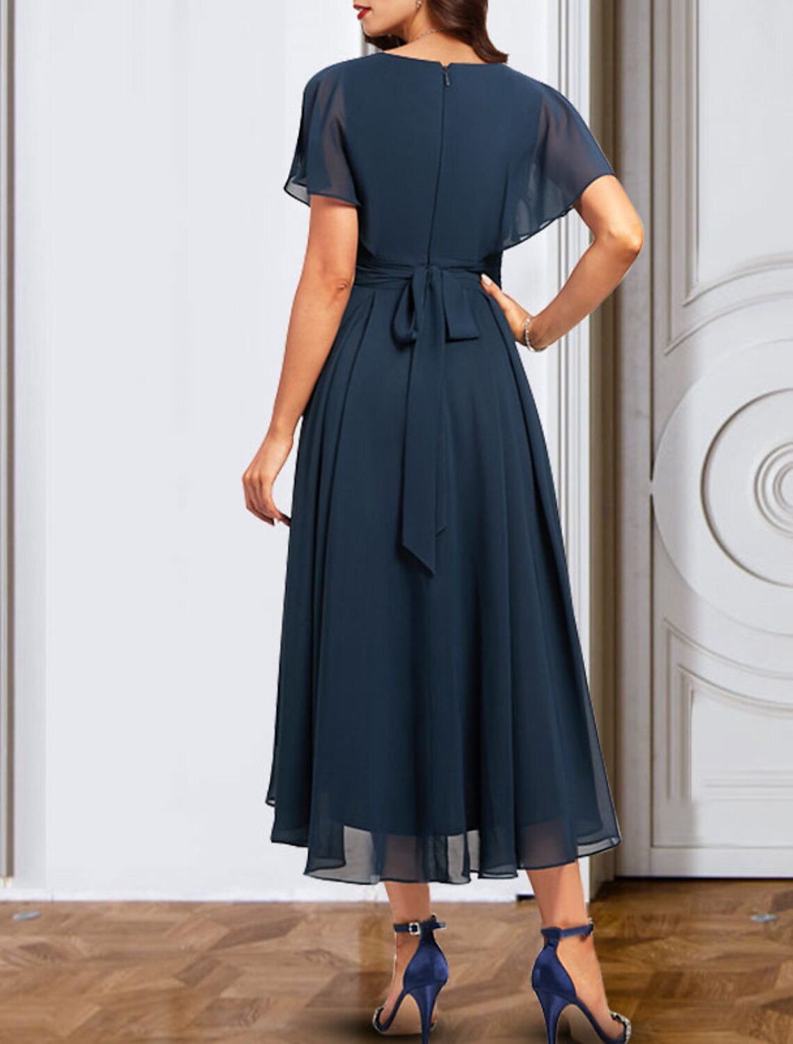 A-Line V-Neck Chiffon Short Sleeve Mini Wedding Dress - Chloe Dress