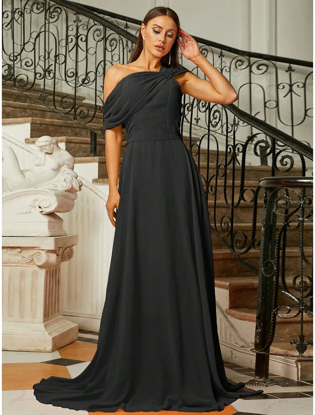 A-Line One-Shoulder Short Sleeve Pleated Mini Evening Gown - Chloe Dress