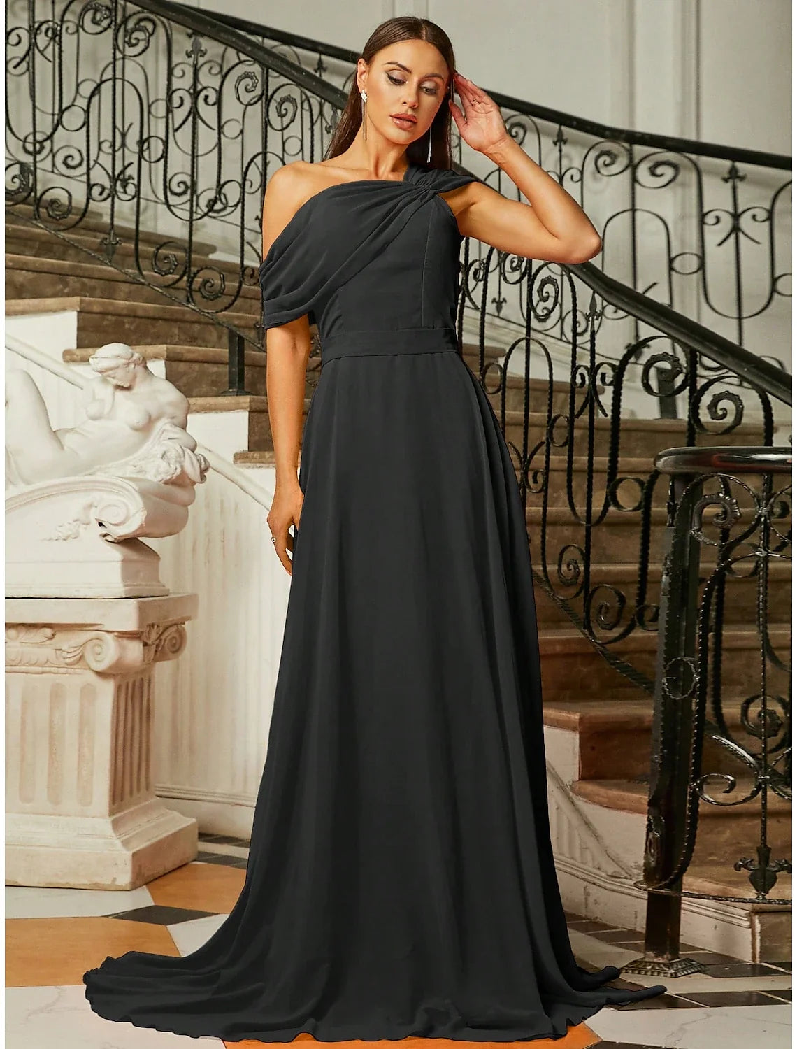 A-Line One-Shoulder Short Sleeve Pleated Mini Evening Gown - Chloe Dress