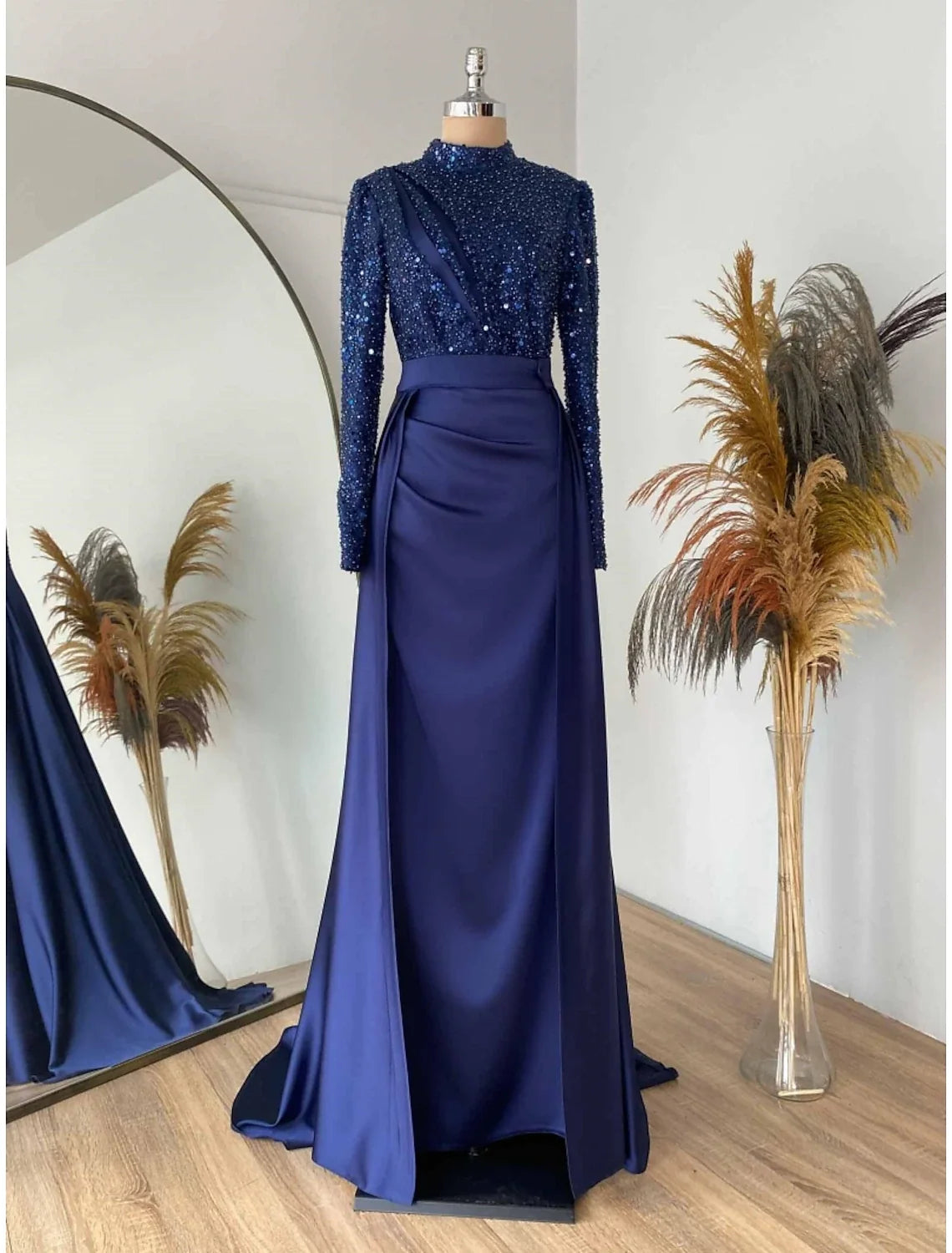 Green Sheath Satin Long Sleeve Pleated Evening Gown - Chloe Dress