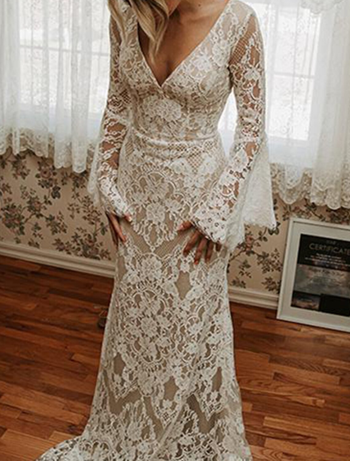 Mermaid V-Neck Lace Long Sleeve Open Back Train Wedding Gown - Chloe Dress