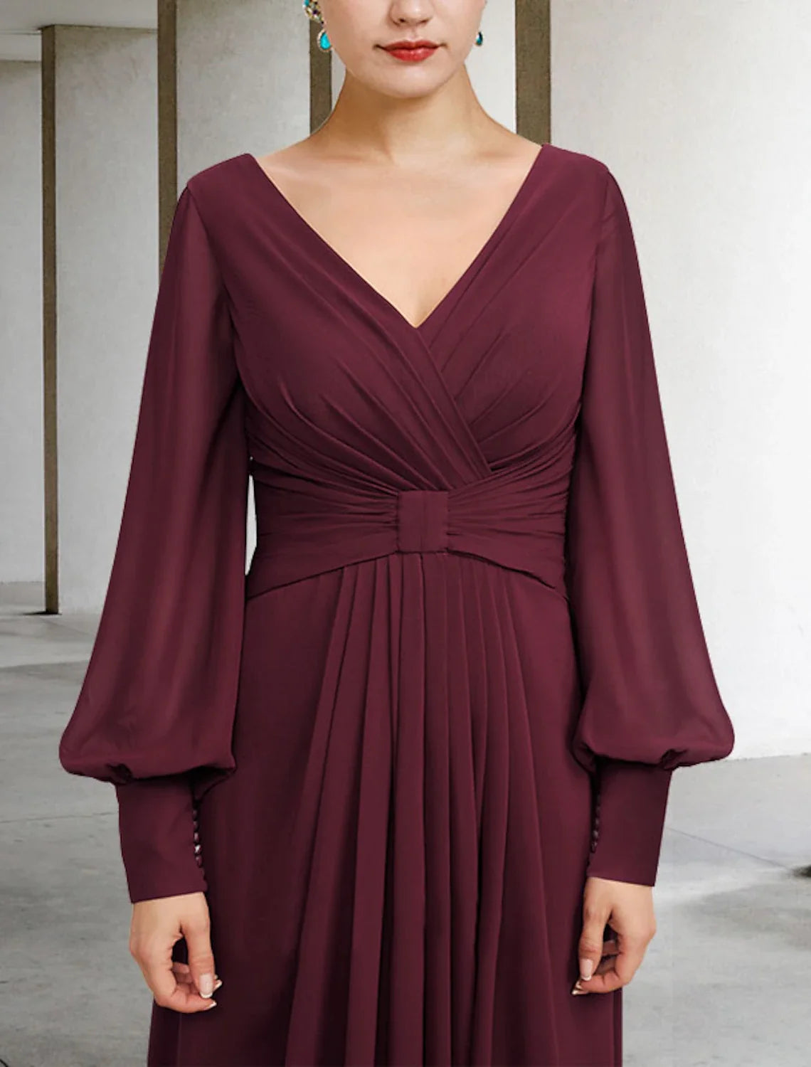 A-Line V-Neck Chiffon Long Sleeve Pleated Floor-Length Dress - Chloe Dress