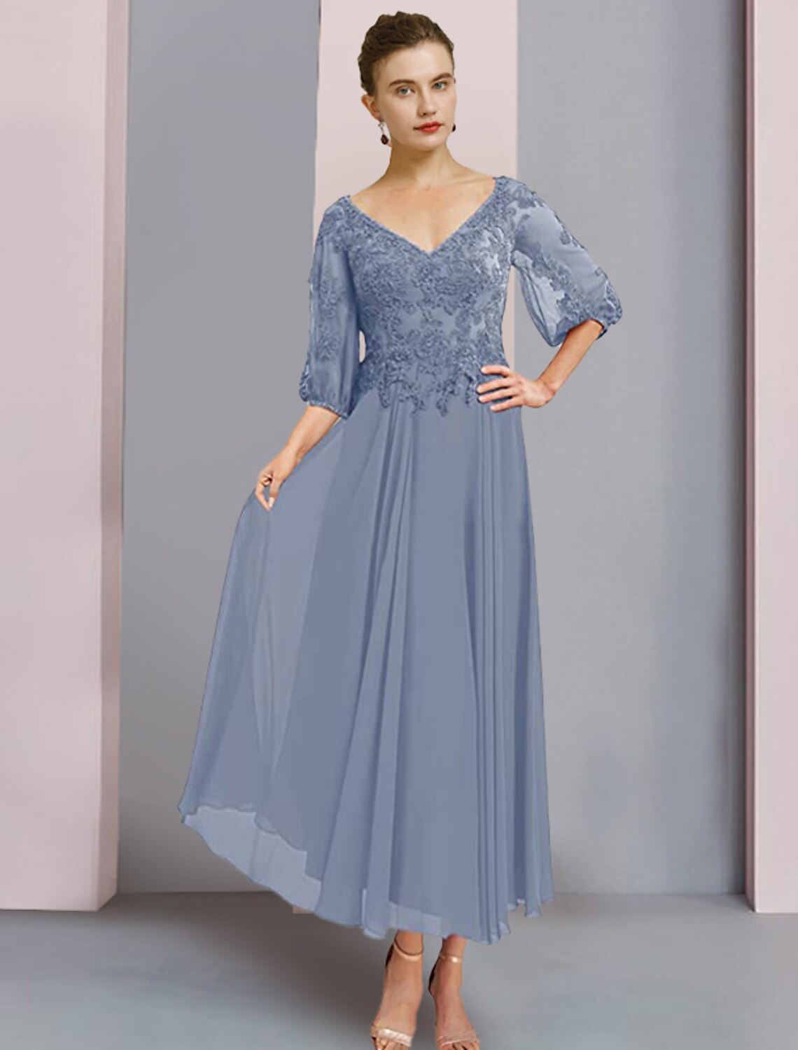 A-Line V-Neck Chiffon Three-Quarter Sleeve Pleated Tea-Length Wedding Dress - Chloe Dress