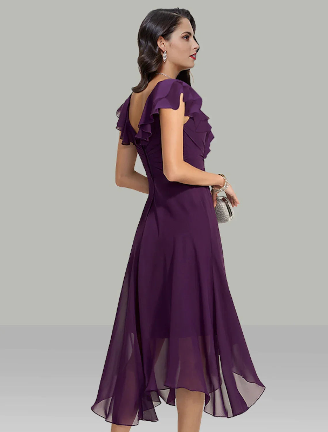 A-Line V-Neck Chiffon Short Sleeve Rhinestone Mini Wedding Dress - Chloe Dress