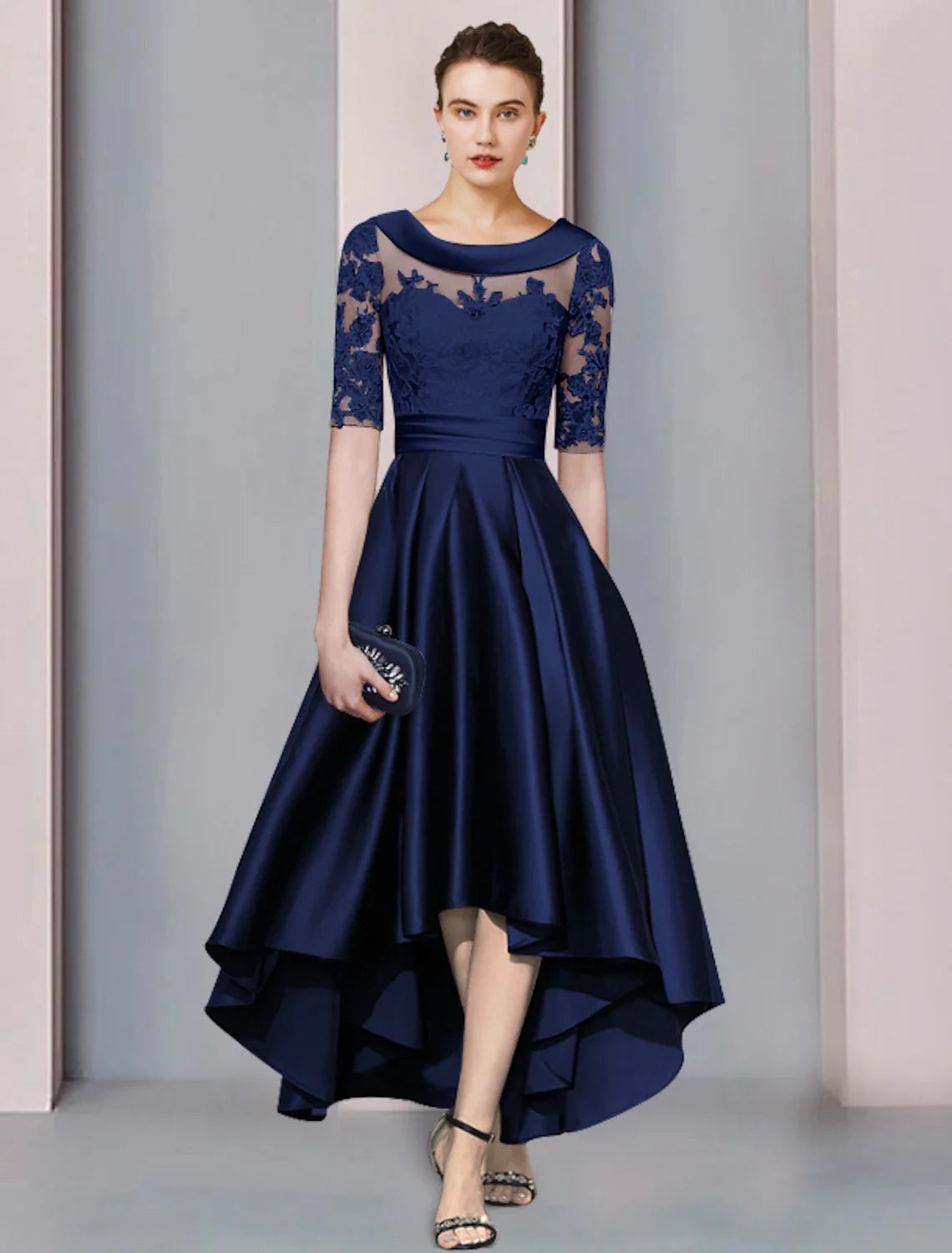 A-Line High Neck Satin Asymmetric Tea-Length Wedding Dress - Chloe Dress