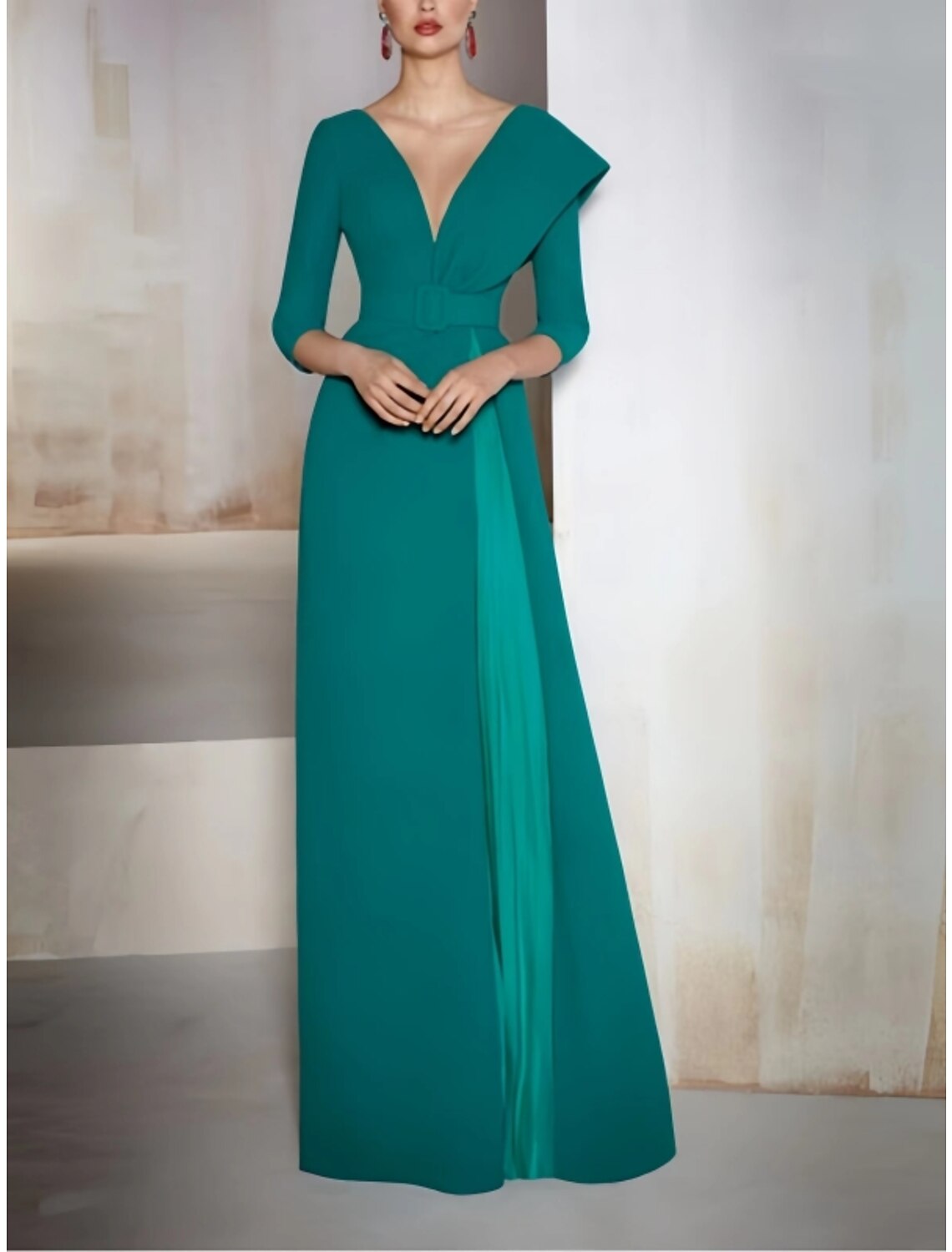 A-Line V-Neck Three-Quarter Sleeve Pleated Evening Gown - Chloe Dress