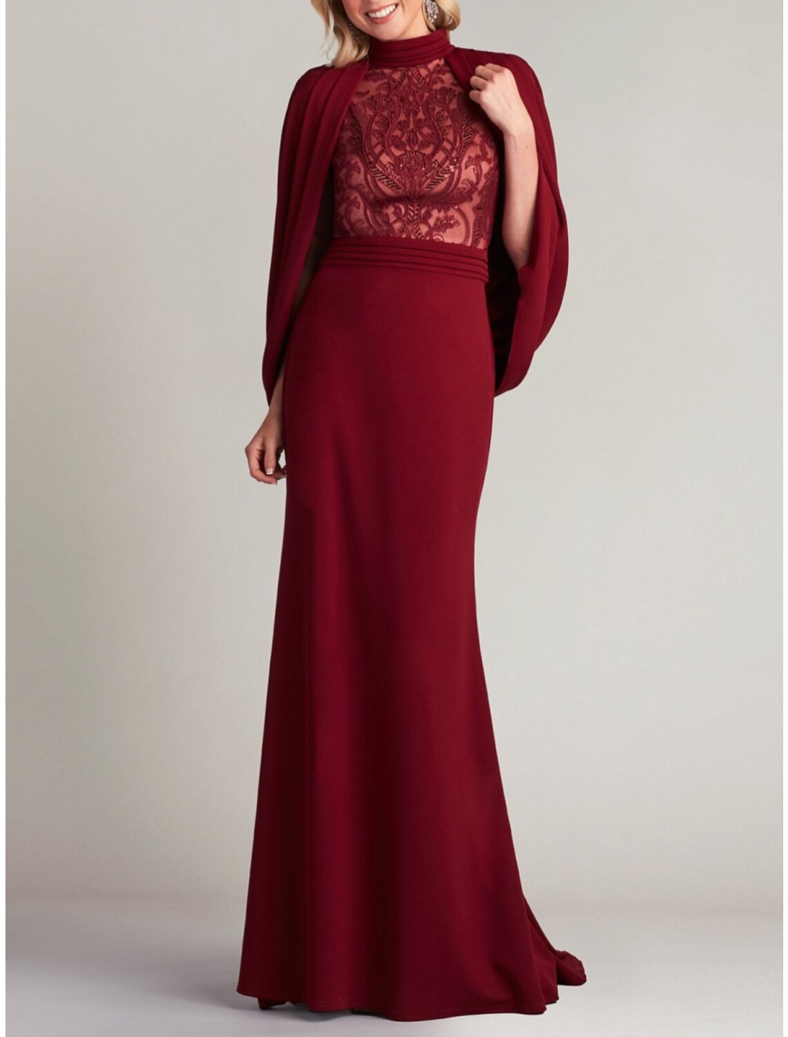 Mermaid High Neck Lace Long Sleeve Pleated Evening Gown - Chloe Dress