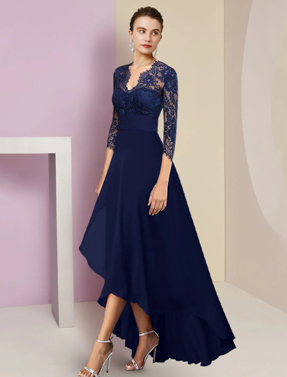 A-Line V-Neck Chiffon Three-Quarter Sleeve Asymmetric Tea-Length Wedding Dress - Chloe Dress