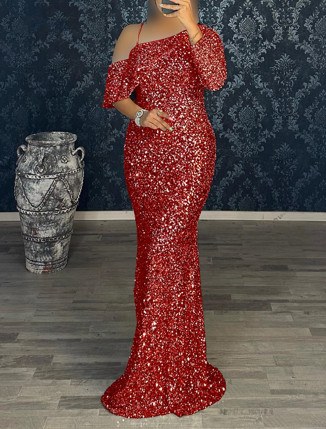 Green Mermaid One-Shoulder Sequin Long Sleeve Train Evening Gown - Chloe Dress