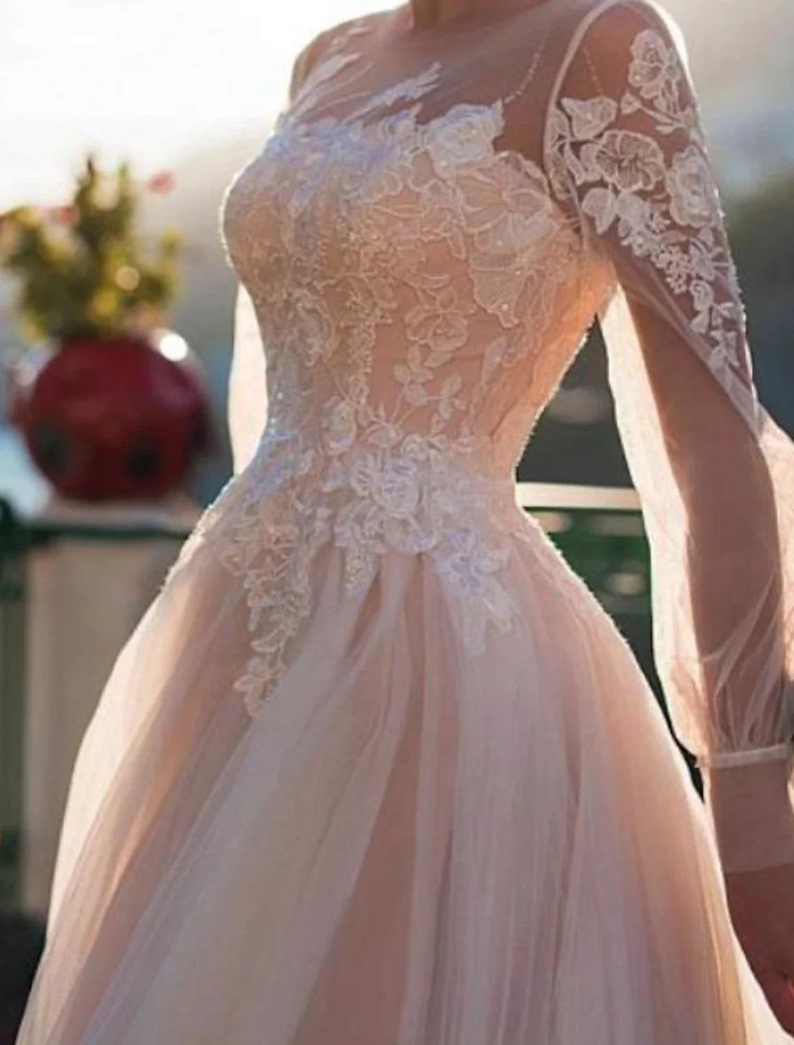 A-Line Illusion Lace Long Sleeve Train Wedding Gown - Chloe Dress
