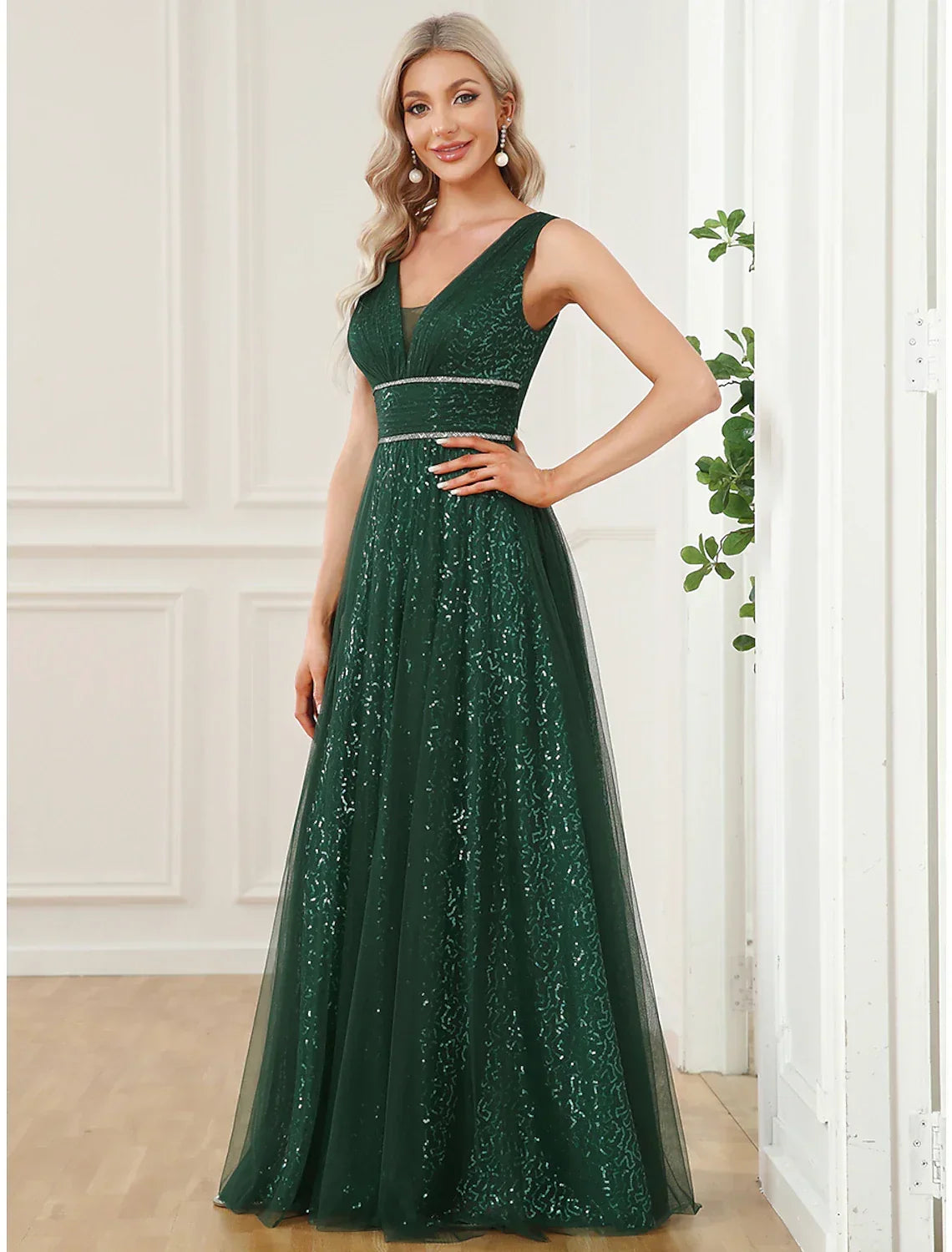 A-Line V-Neck Sequin Sleeveless Floor-Length Prom Dress - Chloe Dress
