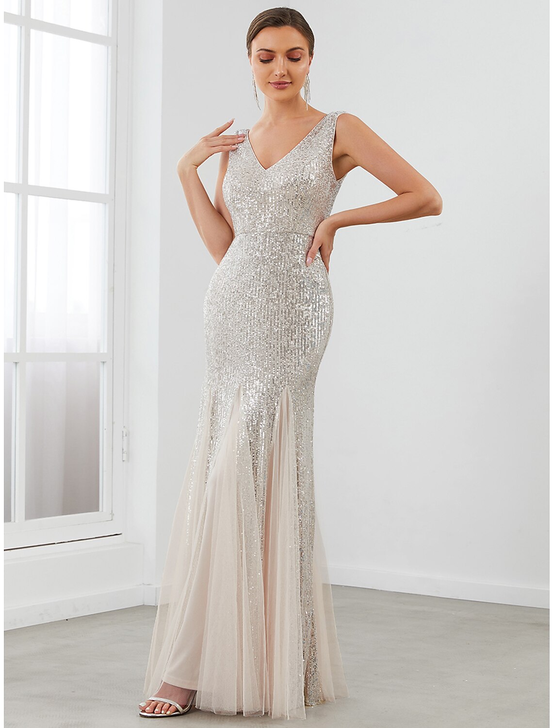 Mermaid V-Neck Sequin Sleeveless Floor-Length Evening Gown - Chloe Dress