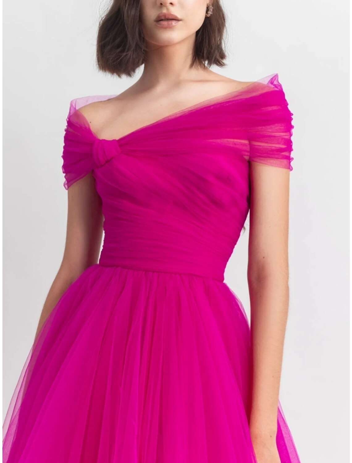 A-Line Off-Shoulder Tulle Short Sleeve Pleated Mini Evening Gown - Chloe Dress