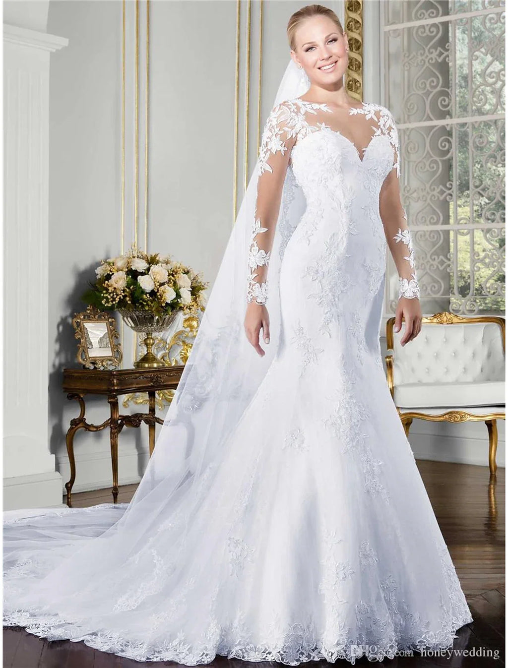 Mermaid Illusion Lace Long Sleeve Train Wedding Gown - Chloe Dress