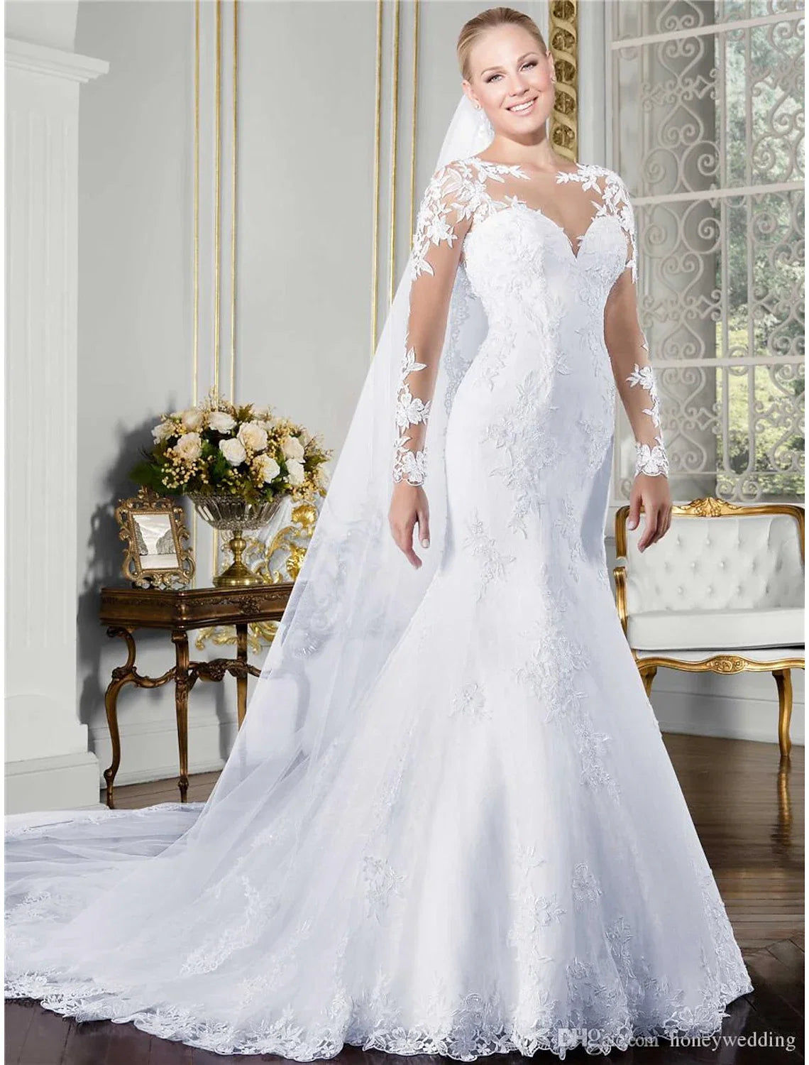 Mermaid Illusion Lace Long Sleeve Train Wedding Gown - Chloe Dress