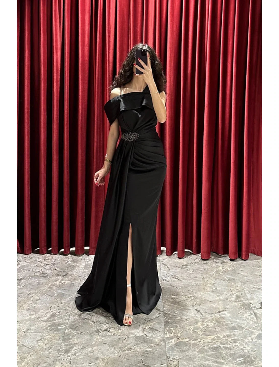 A-Line One-Shoulder Satin Short Sleeve High Slit Mini Evening Gown - Chloe Dress