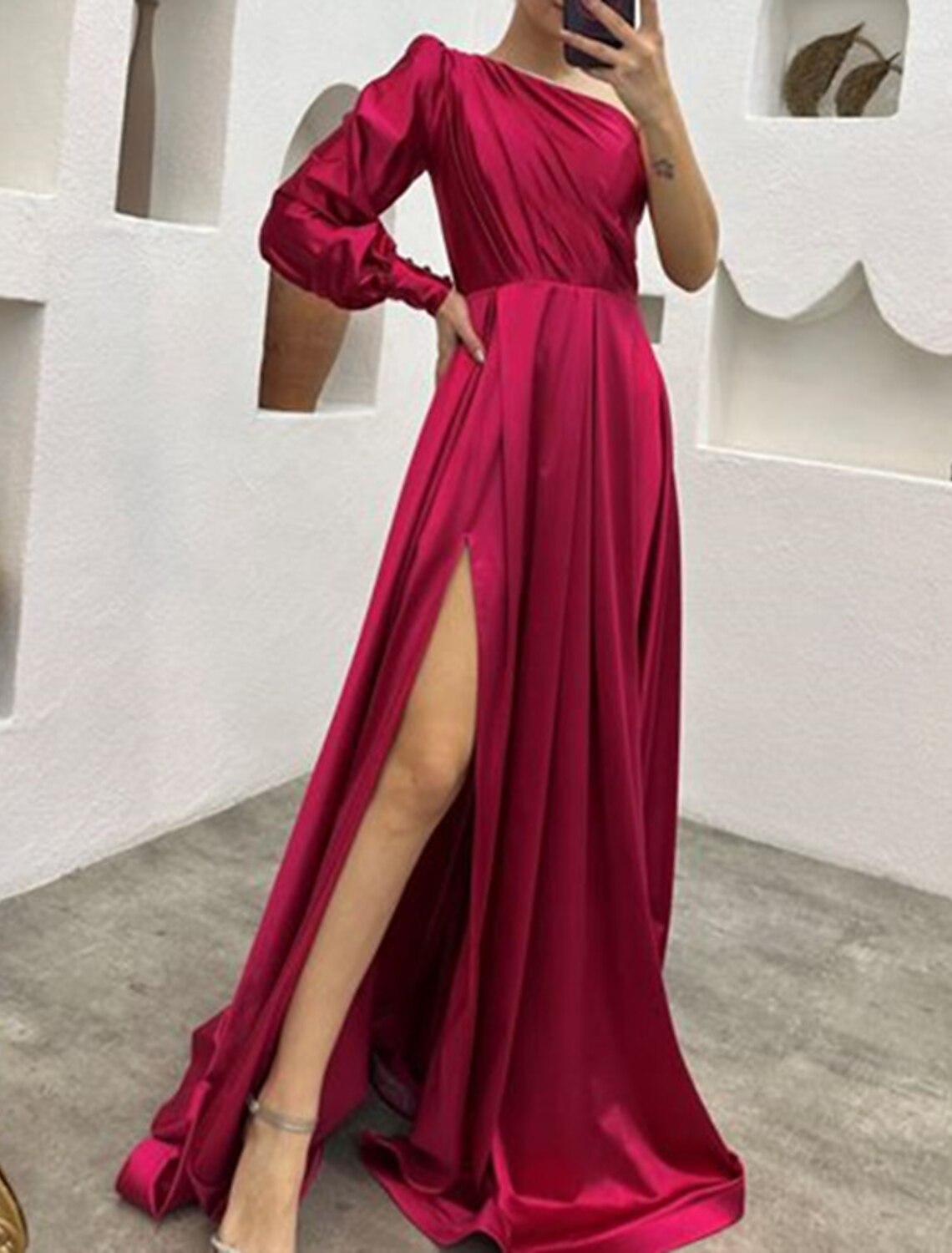 A-Line One-Shoulder Long Sleeve High Slit Evening Gown - Chloe Dress