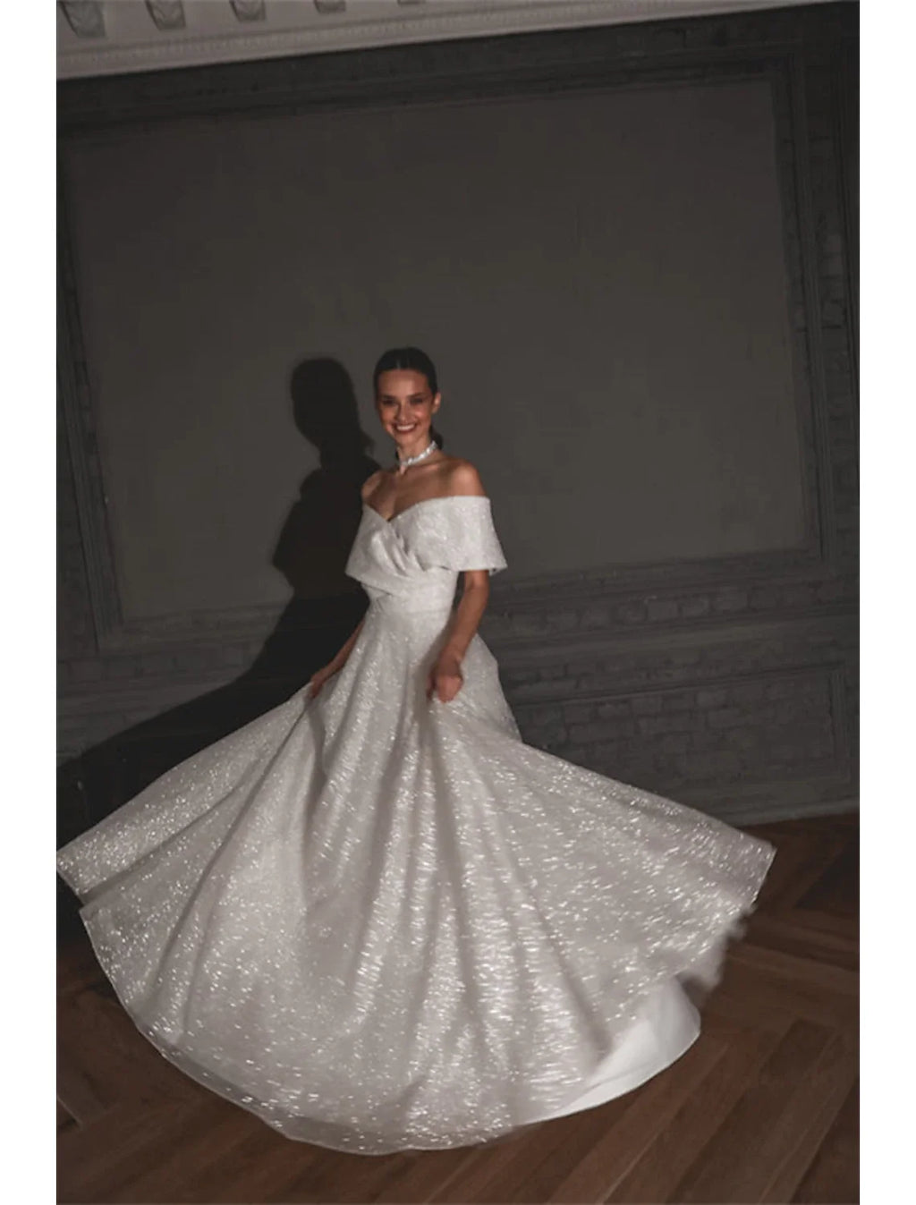 A-Line Off-Shoulder Sequin Cap Sleeve Train Wedding Gown - Chloe Dress