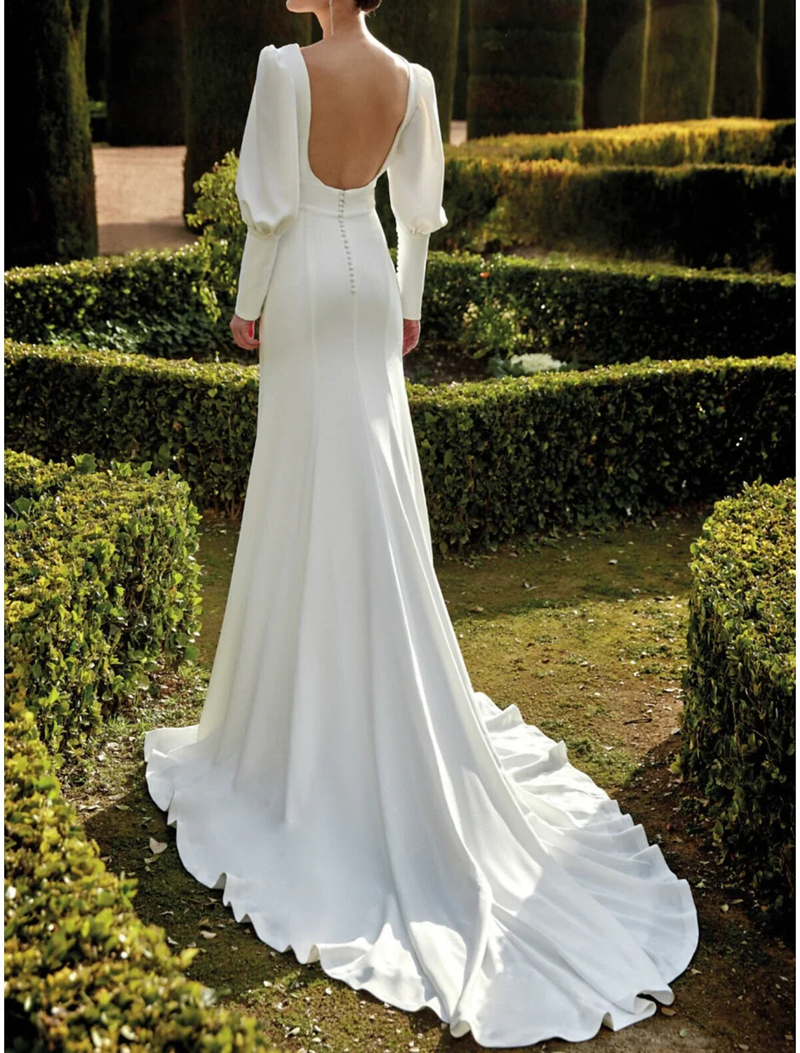 Sheath V-Neck Long Sleeve Open Back Train Wedding Gown - Chloe Dress