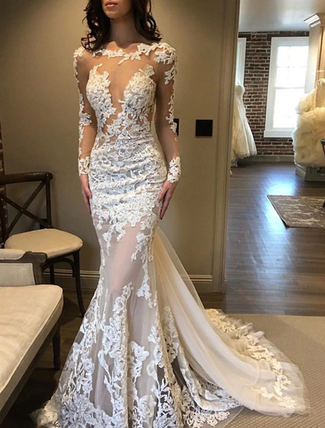 Mermaid Lace Long Sleeve Pleated Wedding Gown - Chloe Dress