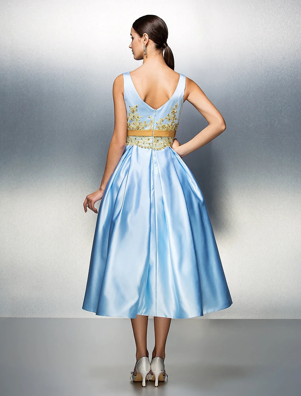 A-Line Satin Sleeveless Pleated Tea-Length Prom Dress - Chloe Dress