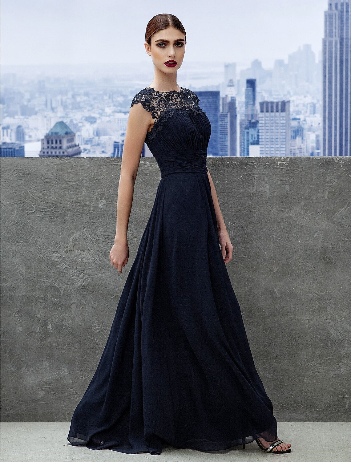 A-Line Chiffon Short Sleeve Floor-Length Evening Gown - Chloe Dress