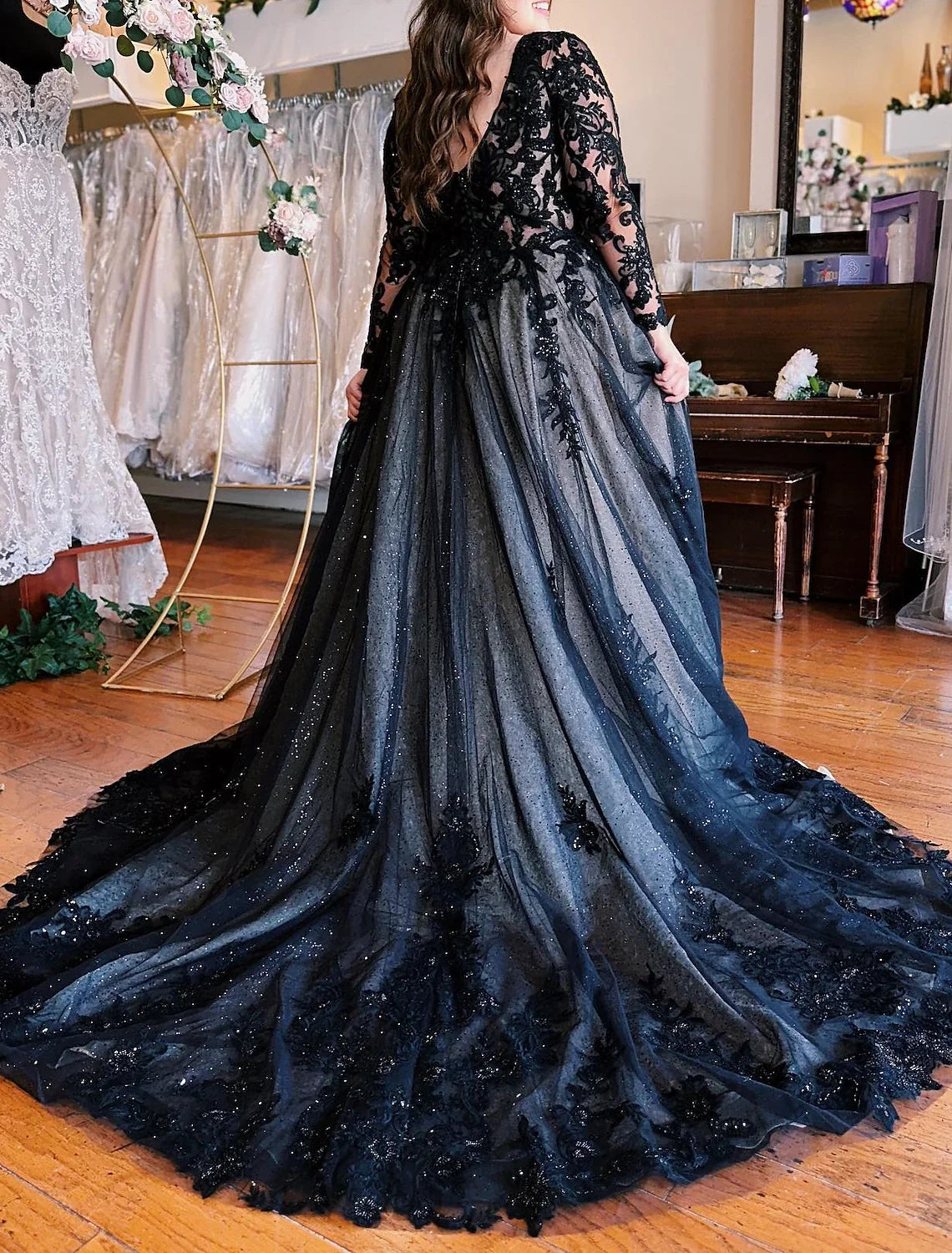 Black A-Line V-Neck Tulle Sleeveless High Slit Evening Gown - Chloe Dress