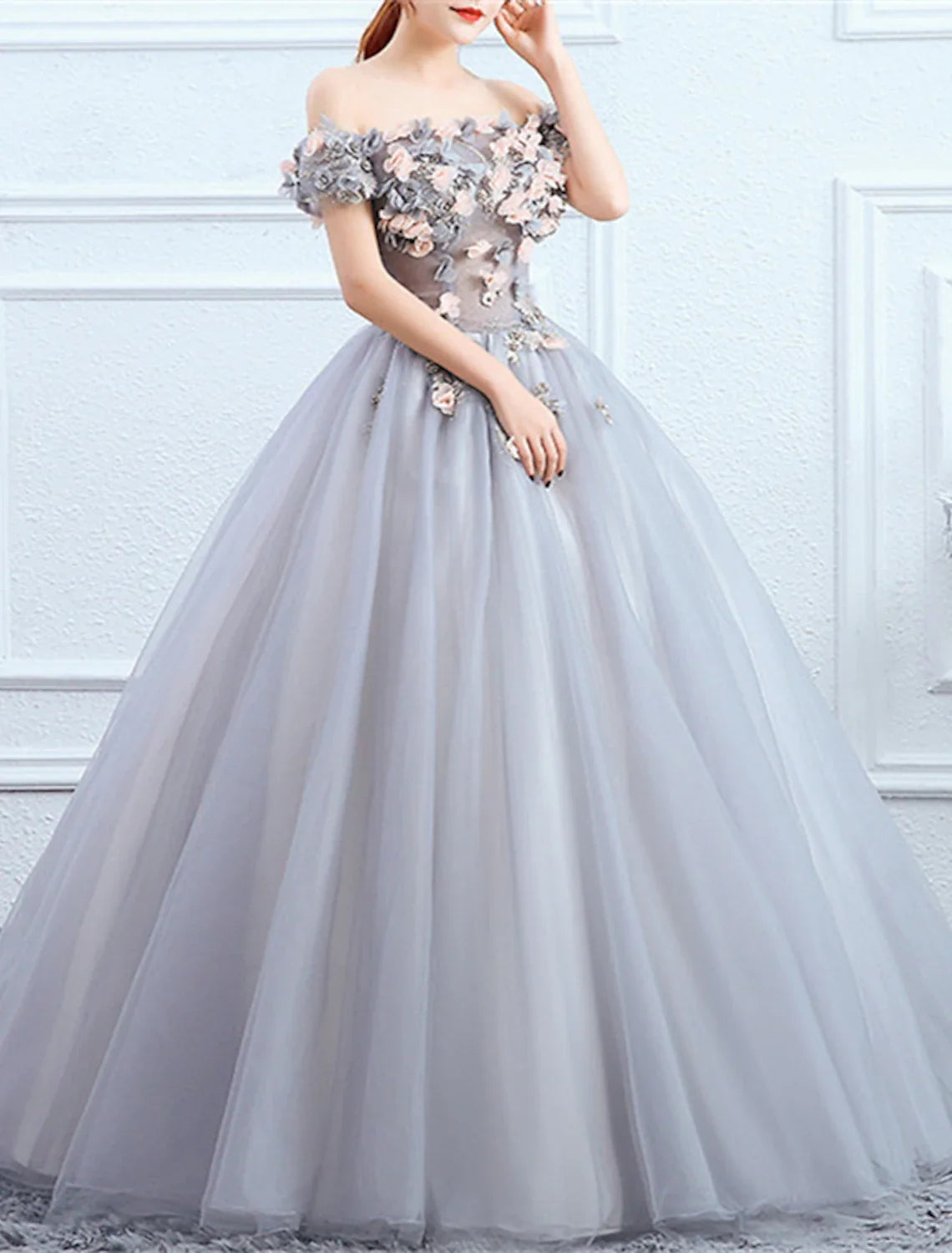 Ball Gown Off-Shoulder Polyester Short Sleeve Applique Floor-Length Gown - Chloe Dress