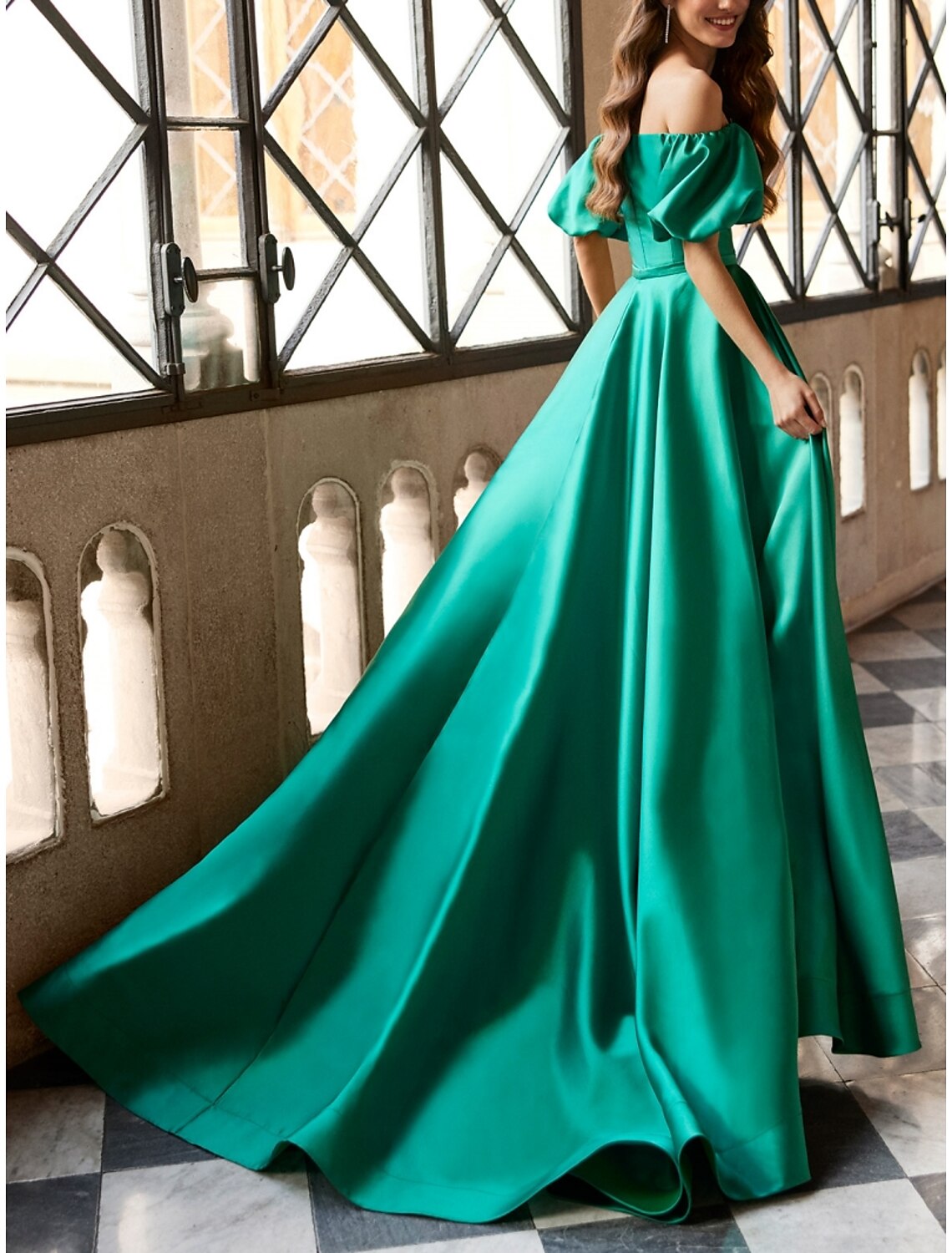 A-Line Off-Shoulder Satin Short Sleeve High Slit Mini Evening Gown - Chloe Dress