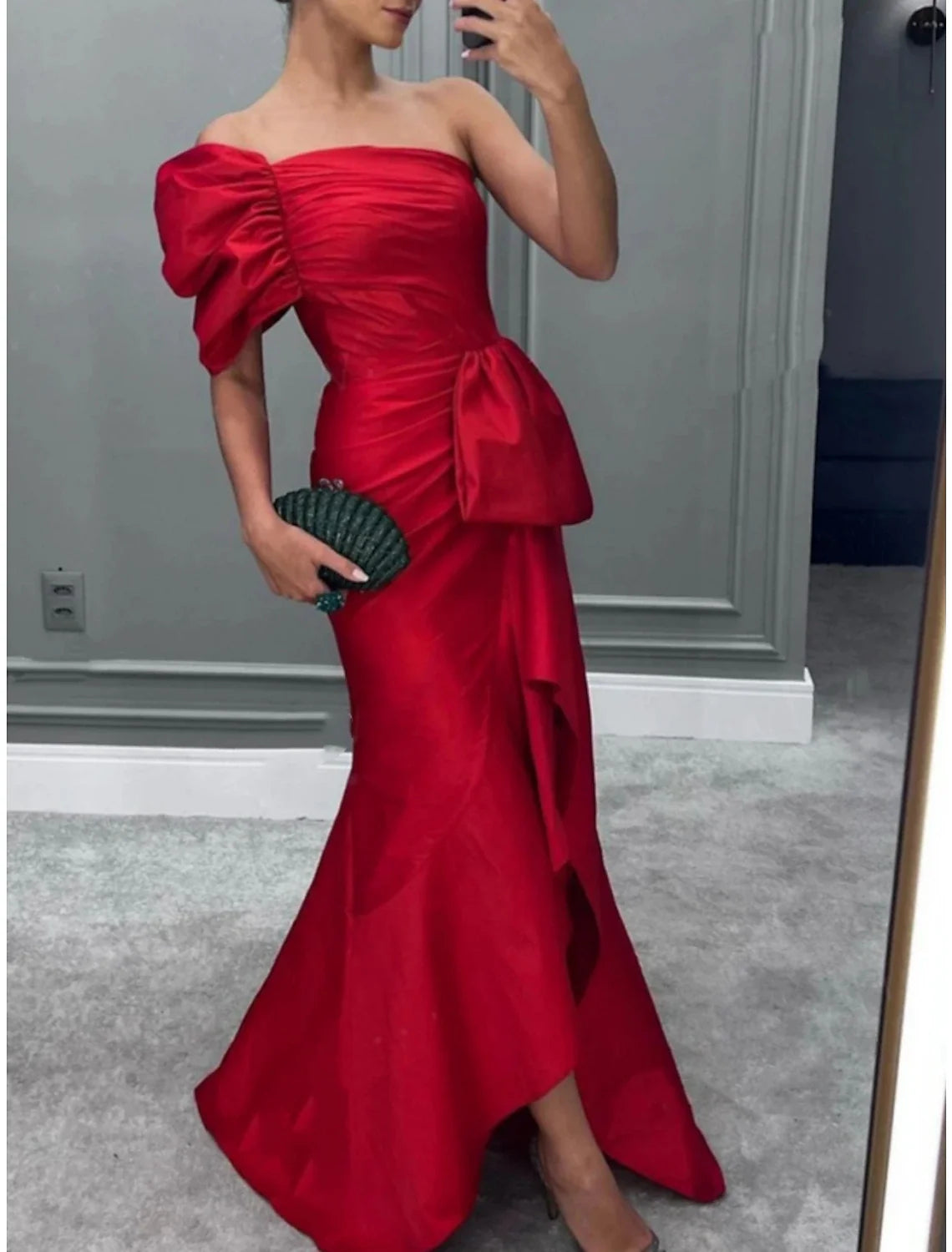 Green Mermaid One-Shoulder Satin Short Sleeve Ruffled Mini Evening Gown - Chloe Dress
