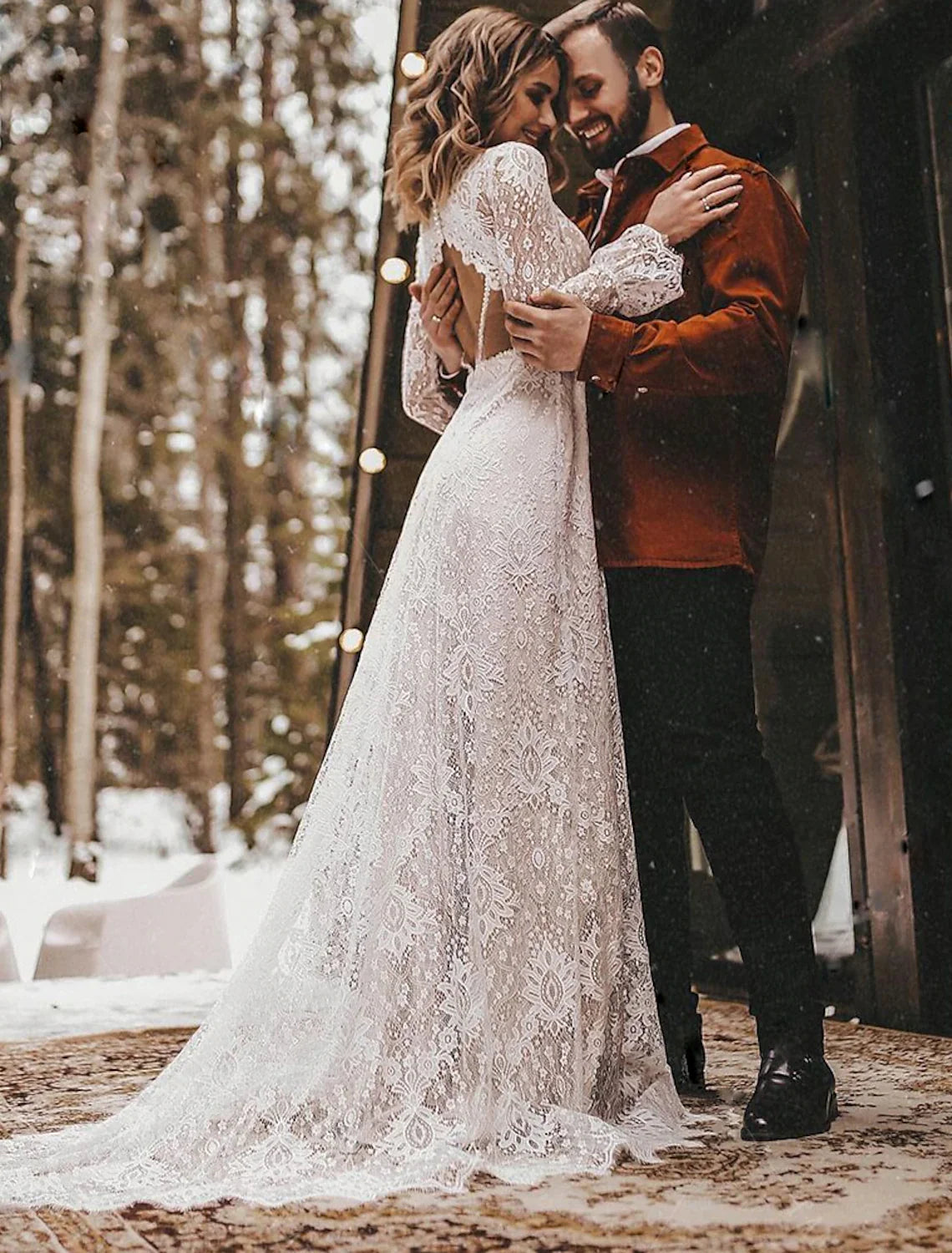 A-Line V-Neck Lace Long Sleeve Open Back Train Wedding Gown - Chloe Dress