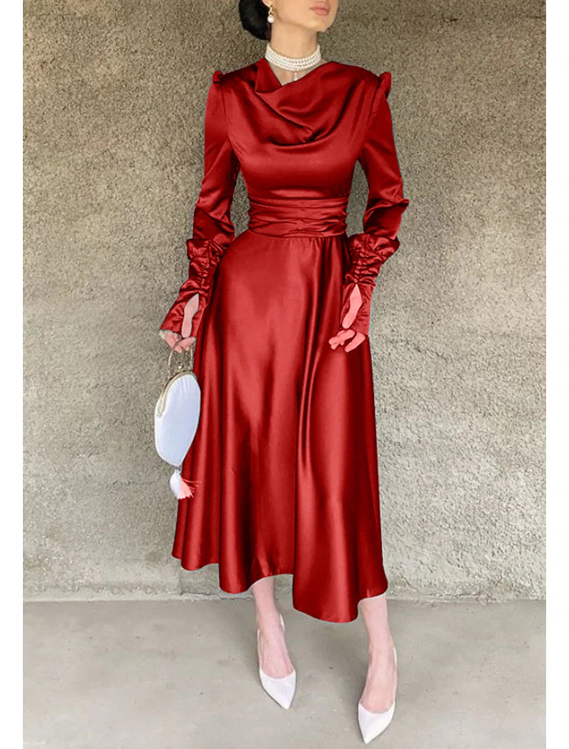 Green A-Line Cowl Neck Satin Long Sleeve Tea-Length Wedding Dress - Chloe Dress