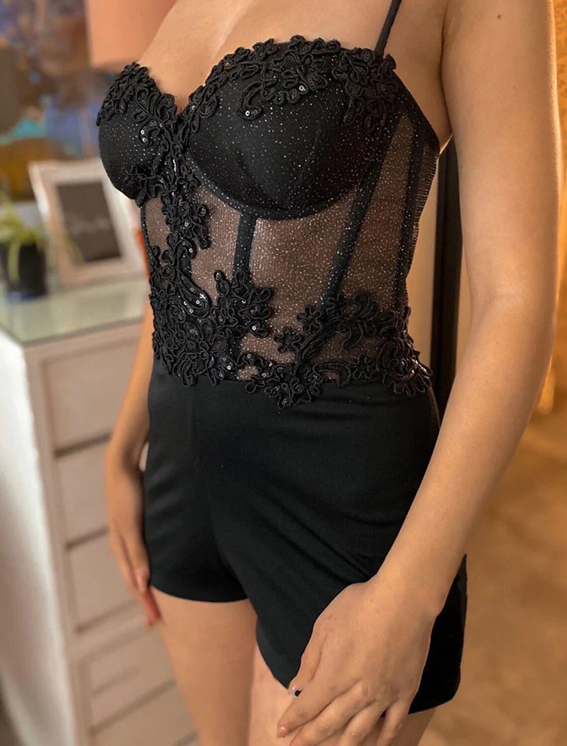 Black A-Line Spaghetti Strap Tulle Sleeveless Lace-Up Back High Slit Prom Dress - Chloe Dress