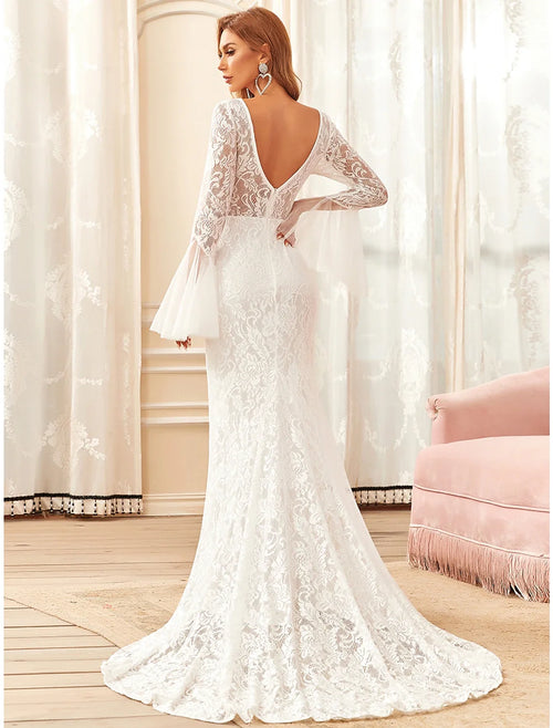 Mermaid Illusion Lace Long Sleeve Train Wedding Gown - Chloe Dress