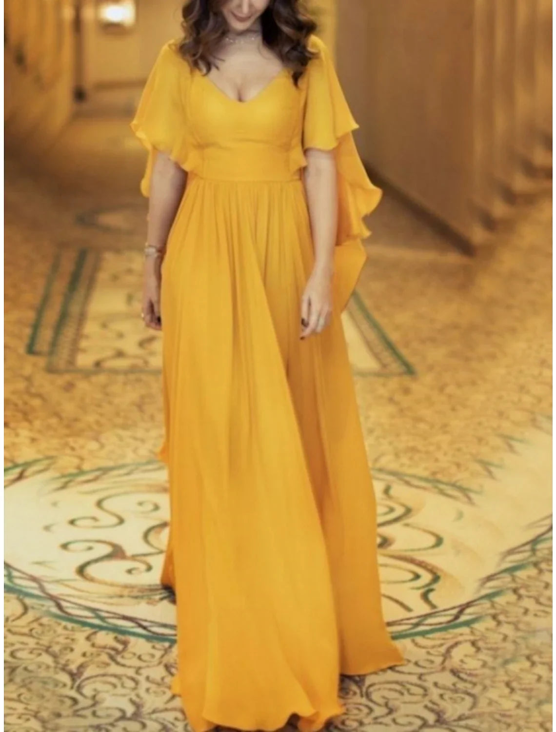 Sheath V-Neck Chiffon Short Sleeve Ruffled Floor-Length Wedding Dress - Chloe Dress