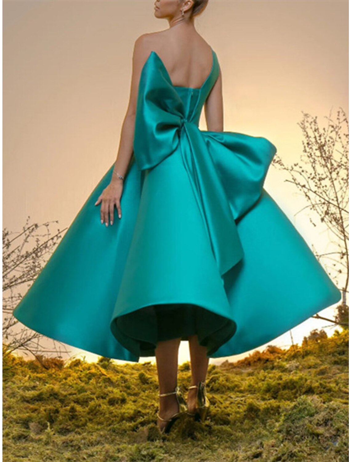 Black Ball Gown One-Shoulder Satin Sleeveless Tea-Length Wedding Gown - Chloe Dress